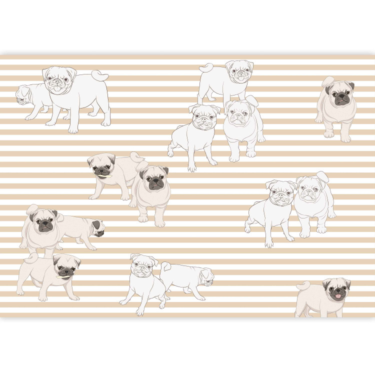 Photo Wallpaper Empress dogs - illustrated funny pug dogs on a background in orange and white stripes, ideal for a child's room 129029 additionalImage 3