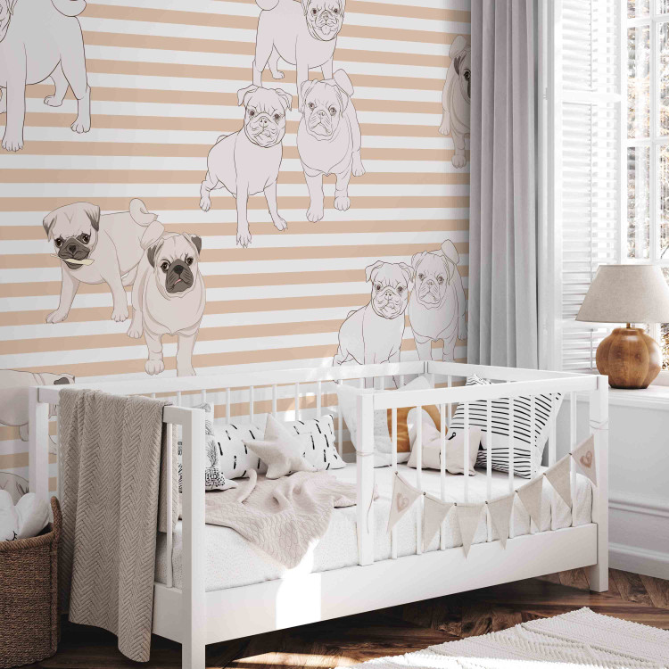 Photo Wallpaper Empress dogs - illustrated funny pug dogs on a background in orange and white stripes, ideal for a child's room 129029 additionalImage 5