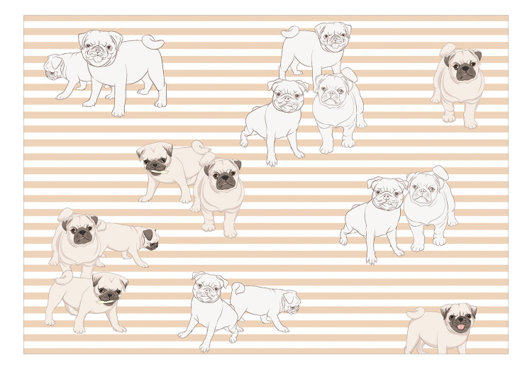Photo Wallpaper Empress dogs - illustrated funny pug dogs on a background in orange and white stripes, ideal for a child's room 129029 additionalImage 1