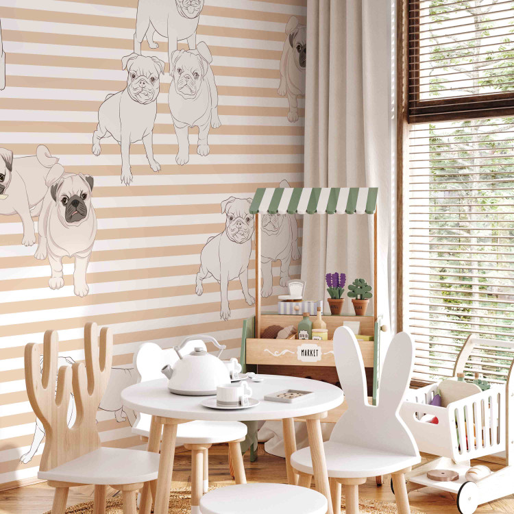 Photo Wallpaper Empress dogs - illustrated funny pug dogs on a background in orange and white stripes, ideal for a child's room 129029 additionalImage 6