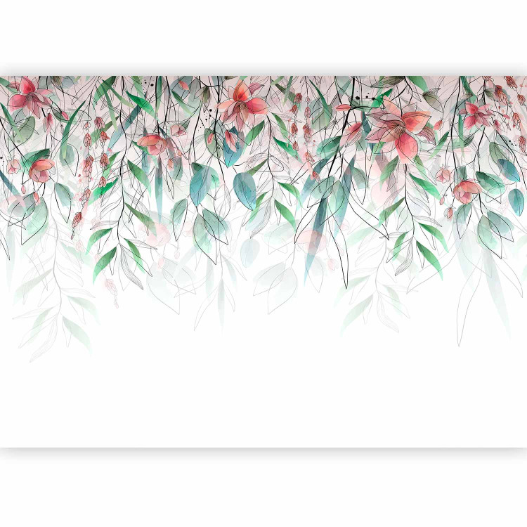 Photo Wallpaper Watercolor Meadow - Red Flowers and Delicate Leaves on a White Background 145129 additionalImage 1