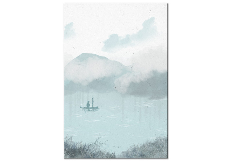 Canvas Print Fishing in the Morning - Small Boat Against the Backdrop of Majestic Mountains 146029