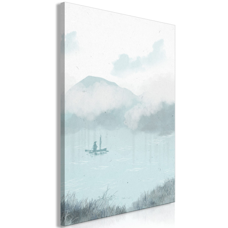 Canvas Wall Art Fishing in the Morning - Small Boat Against the Backdrop of  Majestic Mountains - Landscapes - Canvas Prints