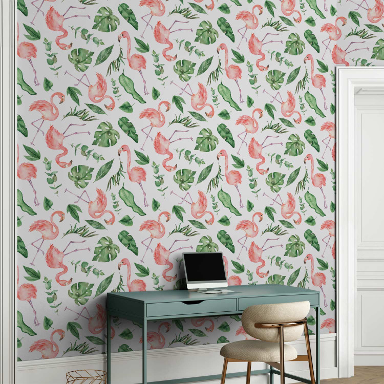 Wallpaper Exotic Pattern - Pink Flamingos and Green Leaves on a White Background 150029 additionalImage 5