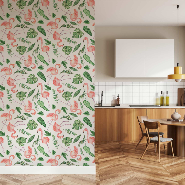 Wallpaper Exotic Pattern - Pink Flamingos and Green Leaves on a White Background 150029 additionalImage 8