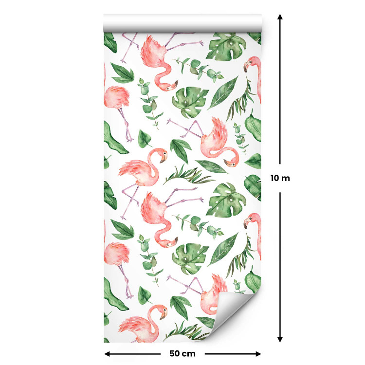 Wallpaper Exotic Pattern - Pink Flamingos and Green Leaves on a White Background 150029 additionalImage 7