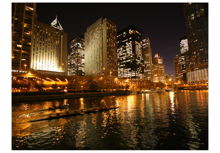 Wall Mural Urban architecture of Chicago - the city's tall skyscrapers by the river at night 97229 additionalImage 1