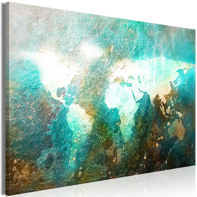 Canvas Art Print Map on concrete - bright contours of continents on a blue background 135039 additionalImage 2