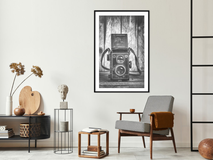 Wall Poster Retro Dream - black and white composition with a phone on wooden planks background 137239 additionalImage 20