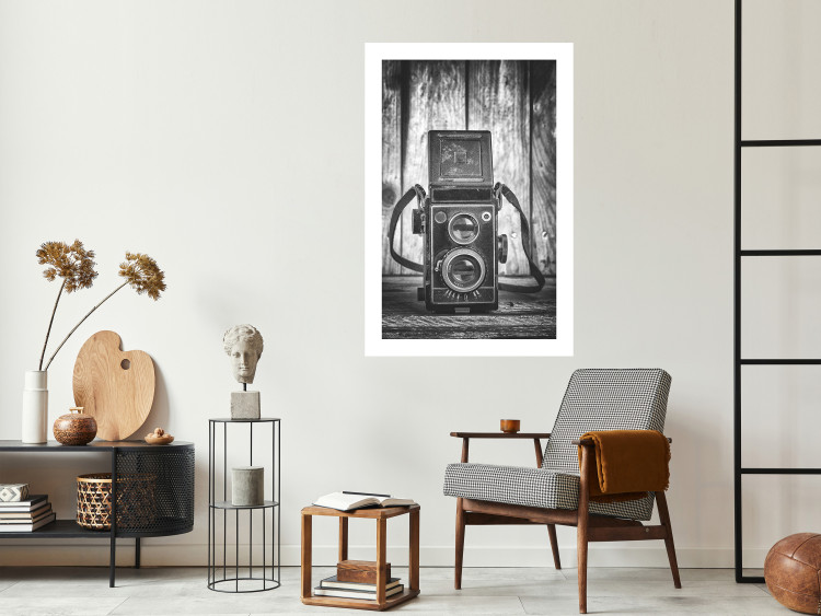 Wall Poster Retro Dream - black and white composition with a phone on wooden planks background 137239 additionalImage 22