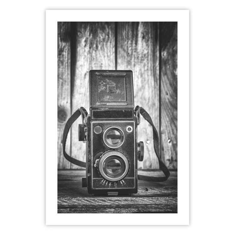 Wall Poster Retro Dream - black and white composition with a phone on wooden planks background 137239
