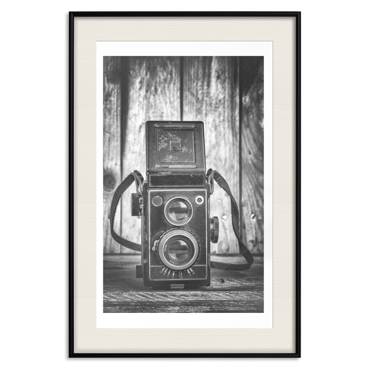 Wall Poster Retro Dream - black and white composition with a phone on wooden planks background 137239 additionalImage 17