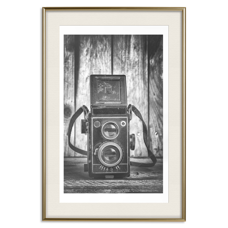 Wall Poster Retro Dream - black and white composition with a phone on wooden planks background 137239 additionalImage 16