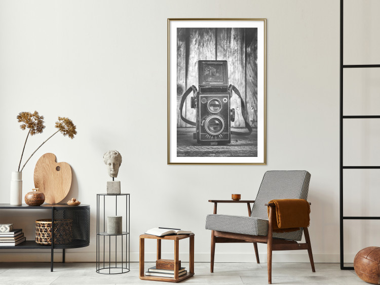 Wall Poster Retro Dream - black and white composition with a phone on wooden planks background 137239 additionalImage 21