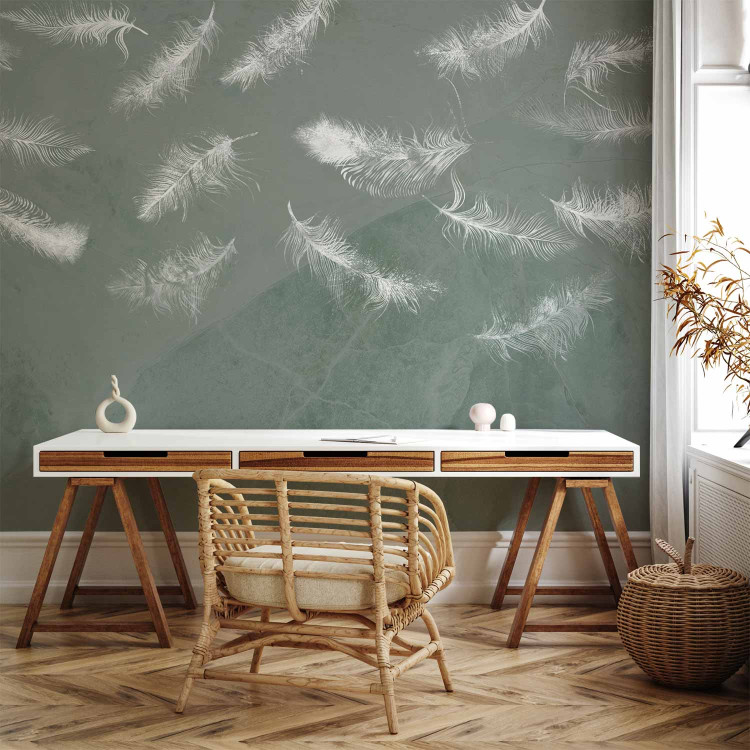 Photo Wallpaper In flight - white feathers carried by the wind on an olive background with pattern 142639 additionalImage 4