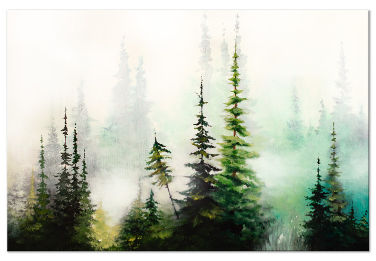 Canvas Print Painted Landscape - Green Forest of Christmas Trees Shrouded in a Thick Morning Mist 148439