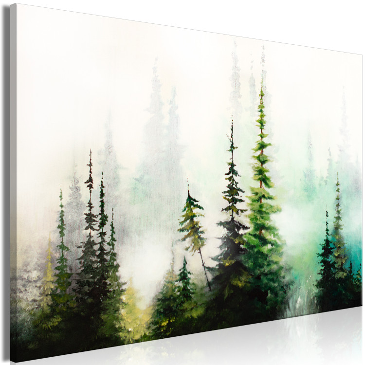 Canvas Print Painted Landscape - Green Forest of Christmas Trees Shrouded in a Thick Morning Mist 148439 additionalImage 2