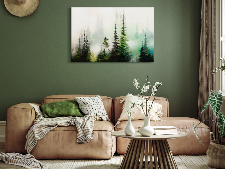 Canvas Print Painted Landscape - Green Forest of Christmas Trees Shrouded in a Thick Morning Mist 148439 additionalImage 3