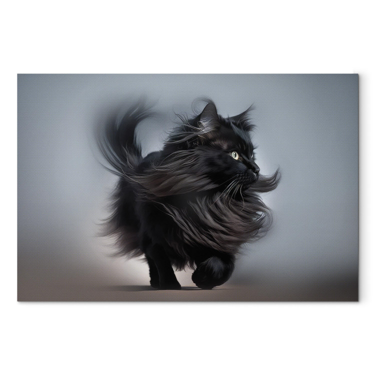 Canvas Art Print AI Maine Coon Cat - Walking Animal With Long Black Hair - Horizontal 150139
