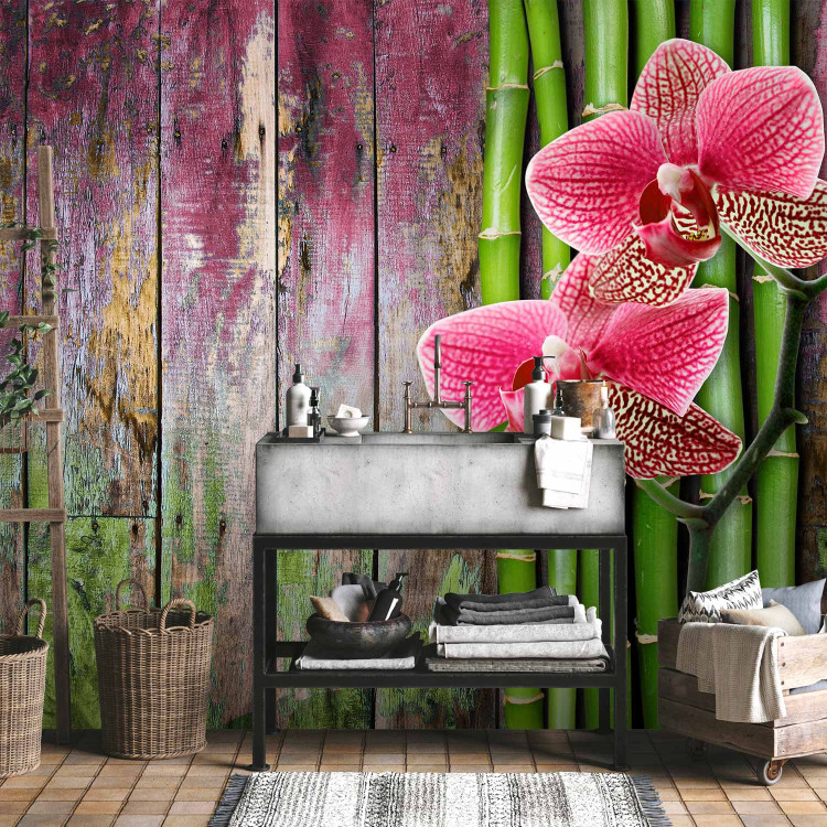 Photo Wallpaper Centered Orchids - Floral Motif on a Wooden Background with Bamboo 60239 additionalImage 8