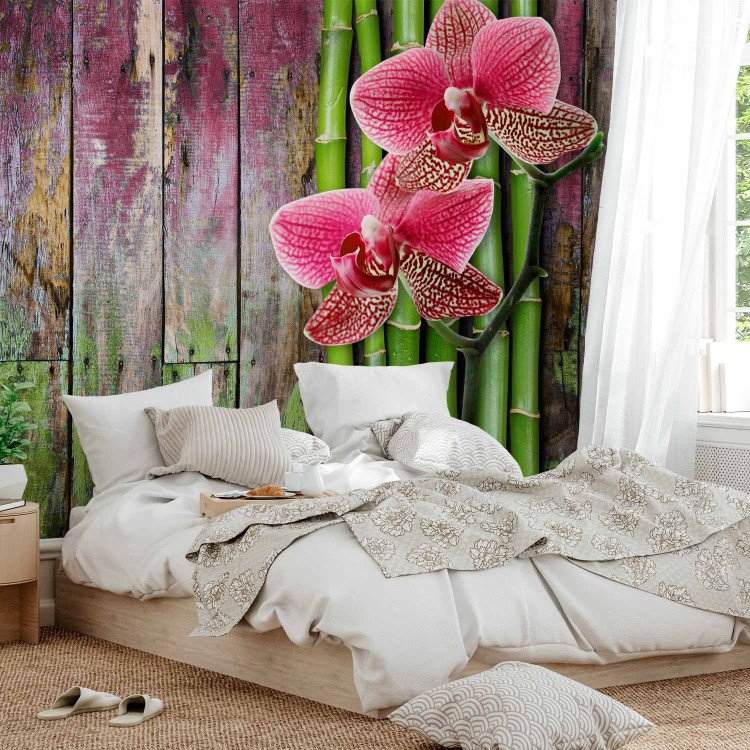 Photo Wallpaper Centered Orchids - Floral Motif on a Wooden Background with Bamboo 60239 additionalImage 2