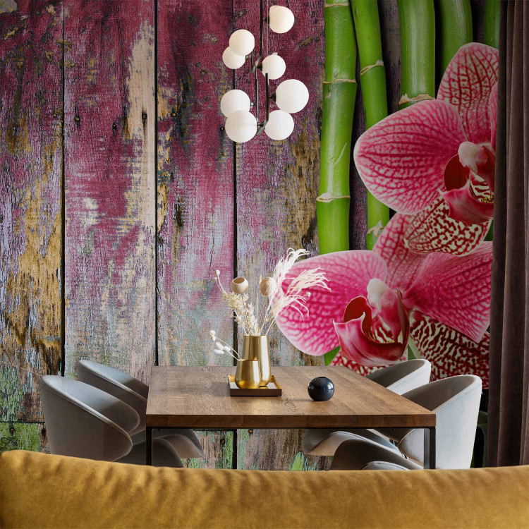Photo Wallpaper Centered Orchids - Floral Motif on a Wooden Background with Bamboo 60239 additionalImage 4