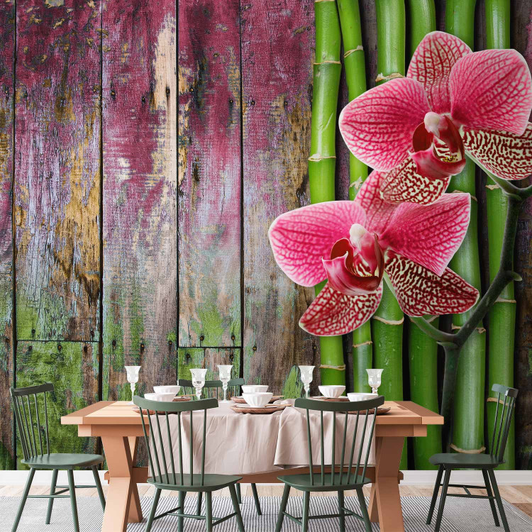 Photo Wallpaper Centered Orchids - Floral Motif on a Wooden Background with Bamboo 60239 additionalImage 6
