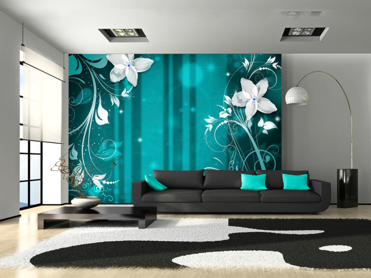 Wall Mural White flowers - abstract with ornaments pattern on turquoise background 97139