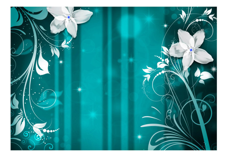 Wall Mural White flowers - abstract with ornaments pattern on turquoise background 97139 additionalImage 1