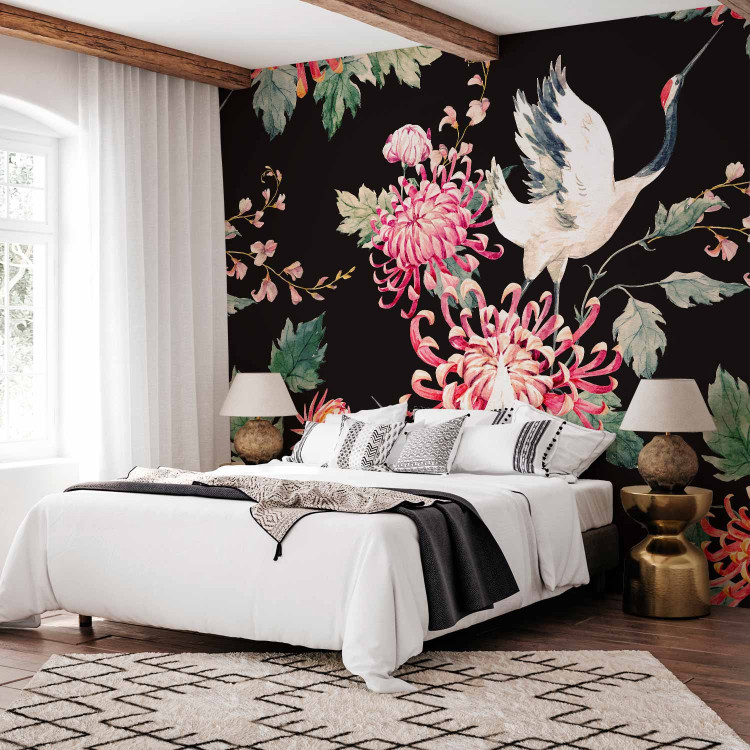 Wall Mural Land of freedom - birds and colourful flowers motif on a black background 98239 additionalImage 2