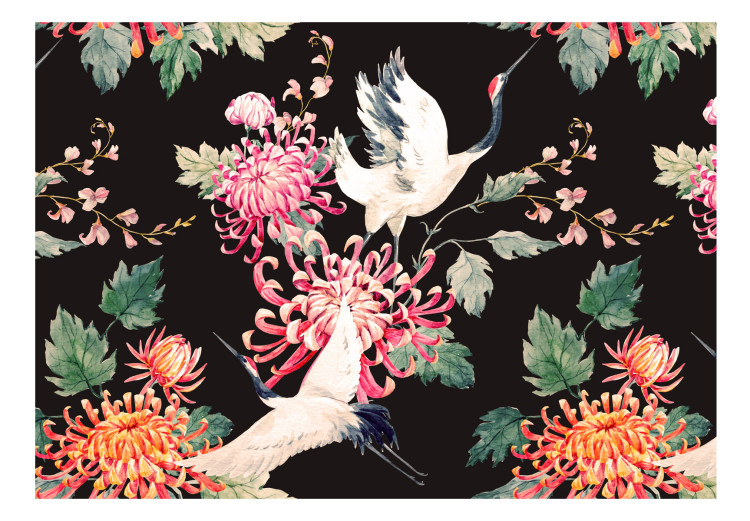 Wall Mural Land of freedom - birds and colourful flowers motif on a black background 98239 additionalImage 1
