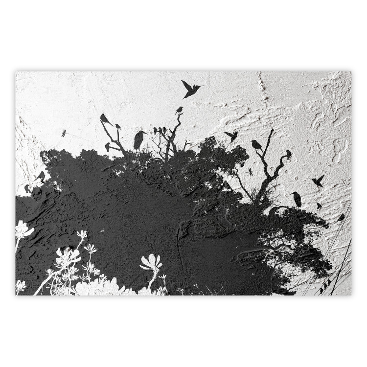 Poster Shadow of Nature - black and white landscape of tree and birds on a rough background 117249