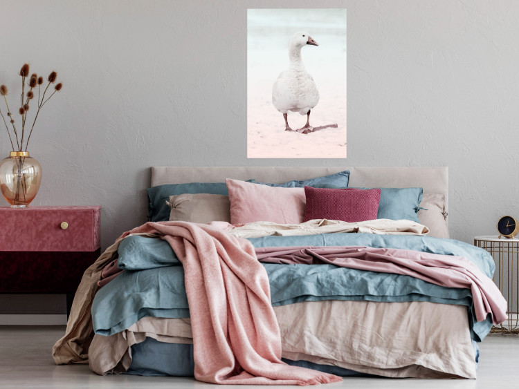 Wall Poster Winter Duckling - white duck walking on sand in winter colors 124949 additionalImage 17