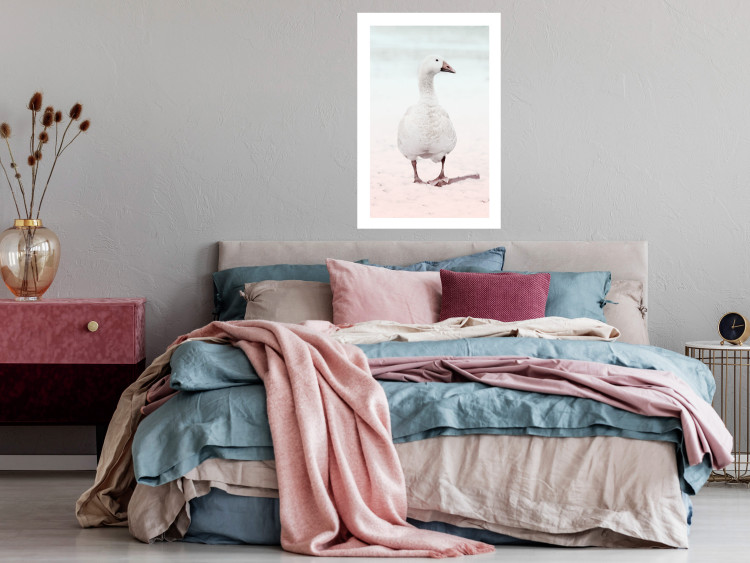 Wall Poster Winter Duckling - white duck walking on sand in winter colors 124949 additionalImage 2