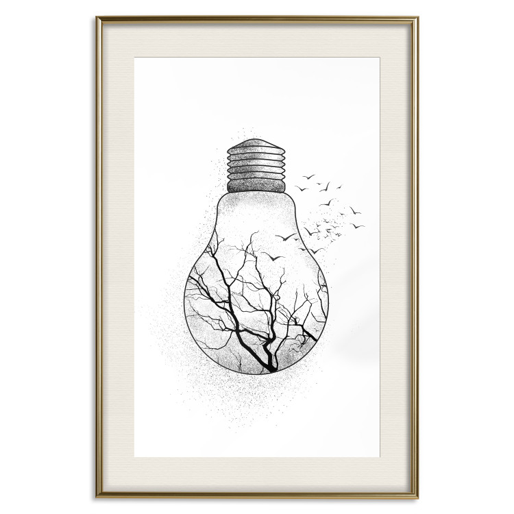 Wall Poster Winter Birds - black and white light bulb with tree and birds on a white background 131949 additionalImage 20