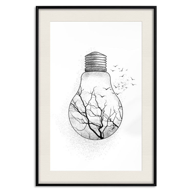 Wall Poster Winter Birds - black and white light bulb with tree and birds on a white background 131949 additionalImage 19