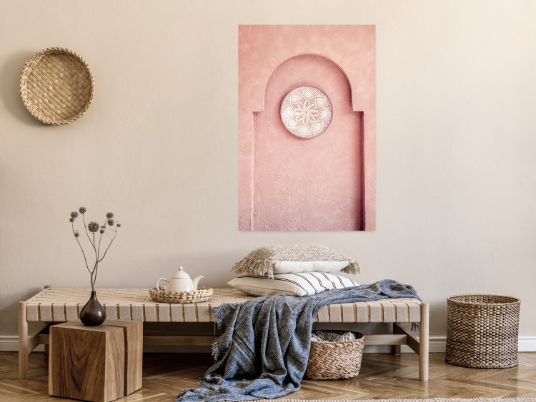 Poster Pink Niche - wall architecture with a hanging decorated circle 134749 additionalImage 2