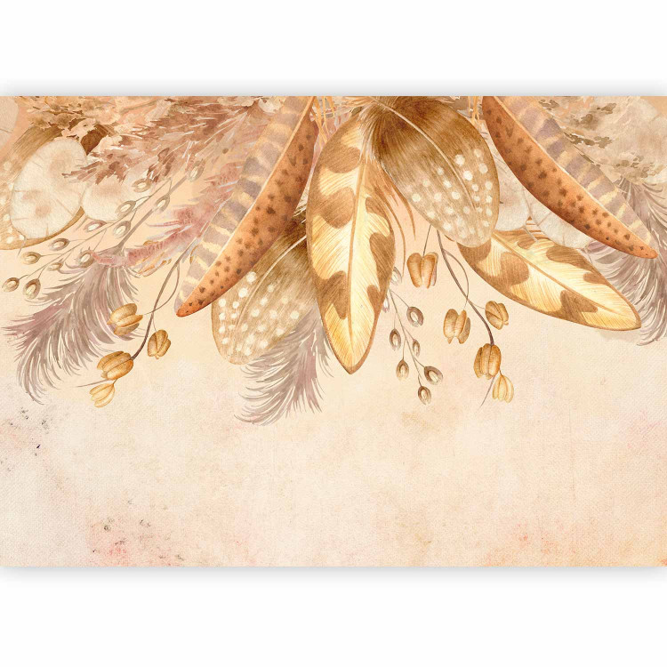 Wall Mural Down and leaves in beige - feather and dried leaves motif in vintage style 143849 additionalImage 1