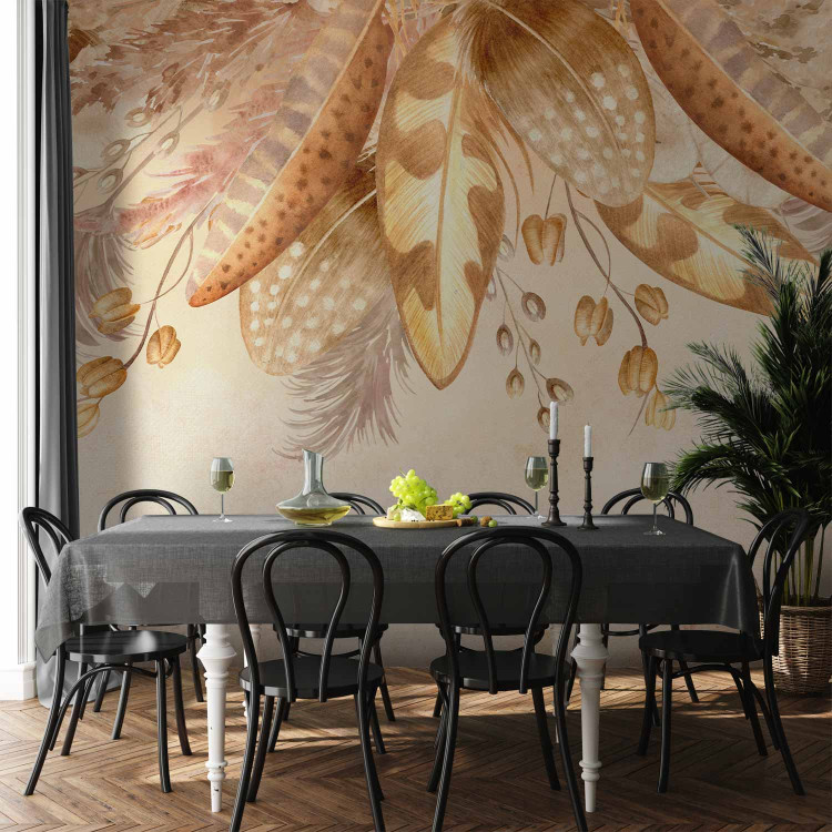 Wall Mural Down and leaves in beige - feather and dried leaves motif in vintage style 143849 additionalImage 6