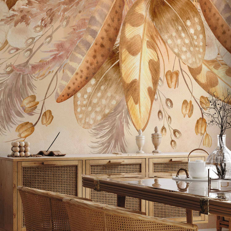 Wall Mural Down and leaves in beige - feather and dried leaves motif in vintage style 143849 additionalImage 7
