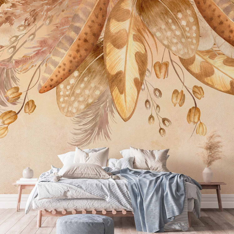 Wall Mural Down and leaves in beige - feather and dried leaves motif in vintage style 143849 additionalImage 2