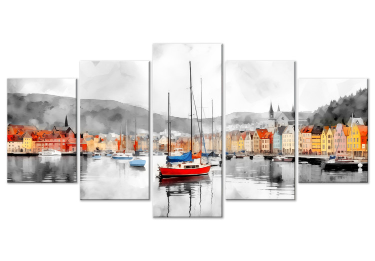 Canvas Art Print Bergen - Colorful Norwegian City Port with Picturesque Boats 151949