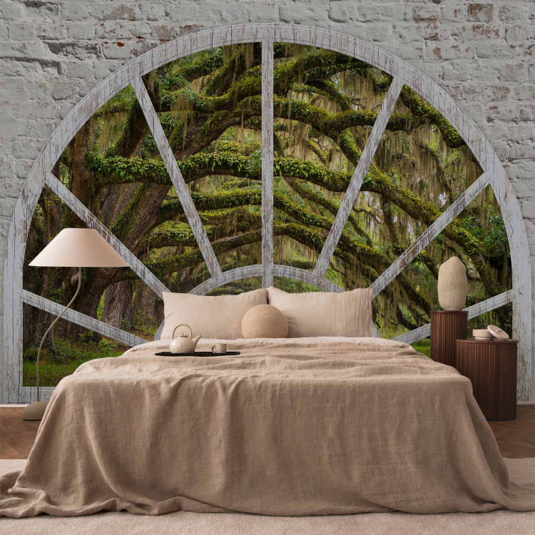 Wall Mural View from the window of nature - landscape of a green forest and a tree covered with moss 62449 additionalImage 2