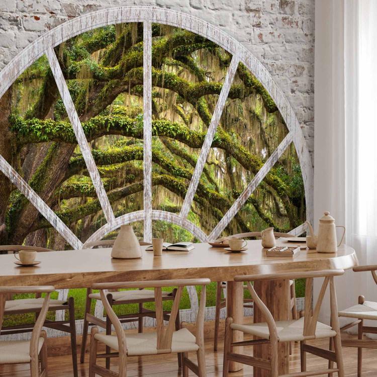 Wall Mural View from the window of nature - landscape of a green forest and a tree covered with moss 62449 additionalImage 7