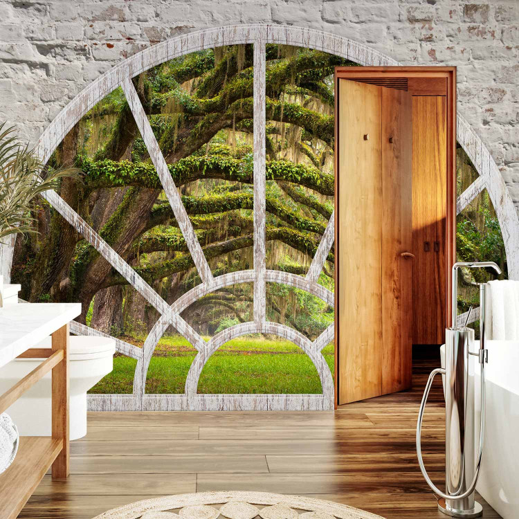 Wall Mural View from the window of nature - landscape of a green forest and a tree covered with moss 62449 additionalImage 8