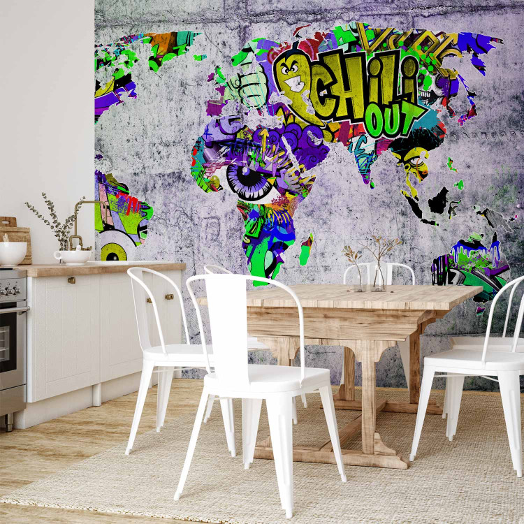Photo Wallpaper Graffiti world - colourful world map on concrete background for teenager 63849 additionalImage 7