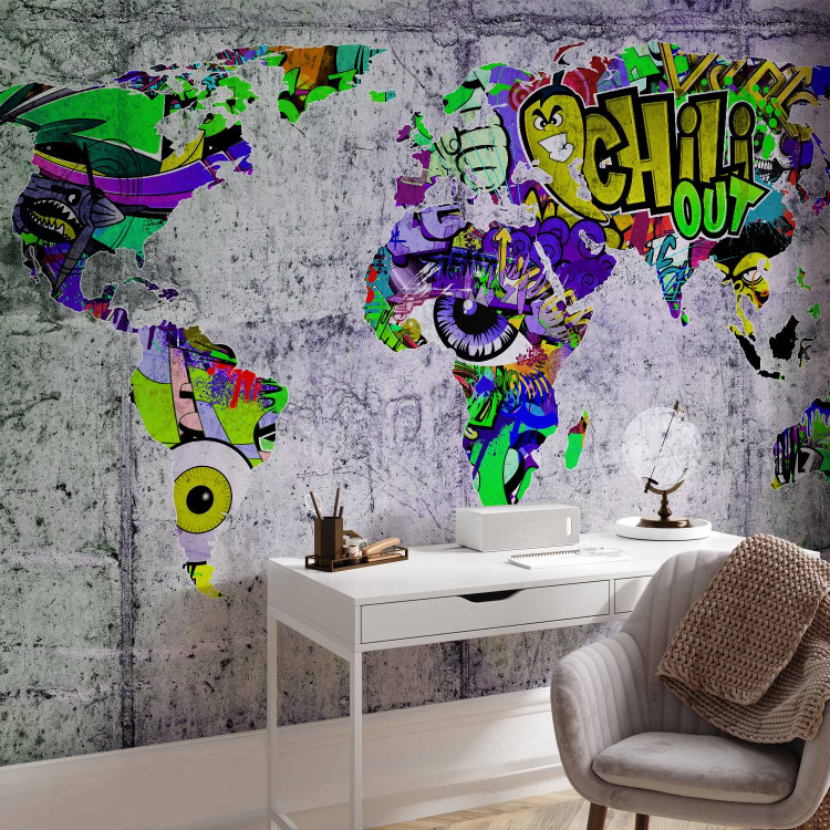 Photo Wallpaper Graffiti world - colourful world map on concrete background for teenager 63849 additionalImage 4