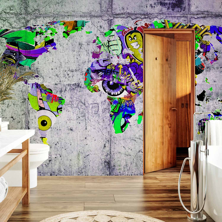Photo Wallpaper Graffiti world - colourful world map on concrete background for teenager 63849 additionalImage 8