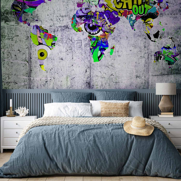 Photo Wallpaper Graffiti world - colourful world map on concrete background for teenager 63849 additionalImage 2