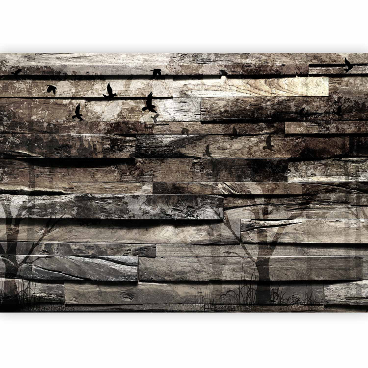 Wall Mural Memory of trees - pattern in grey wooden planks with shadows of birds and trees 64049 additionalImage 1